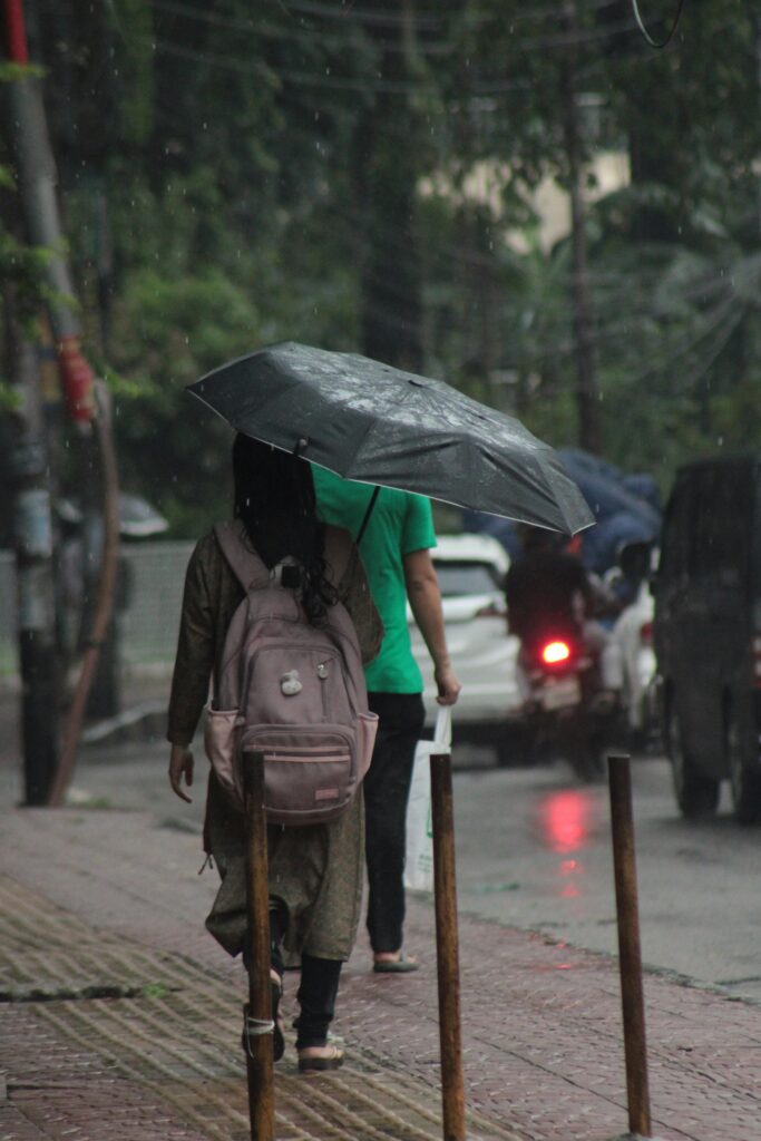 Person walking on a wet street under an umbrella during a rainy day, capturing urban life.